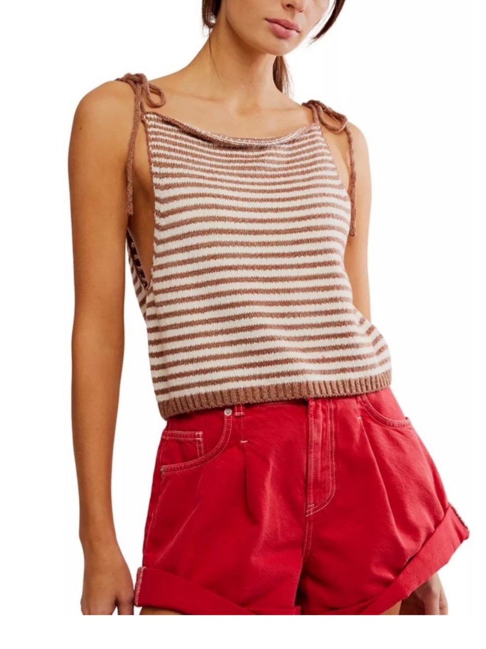 Free People • NWT Claire Sweater Tank White Praline Combo Size Large Tie Straps
